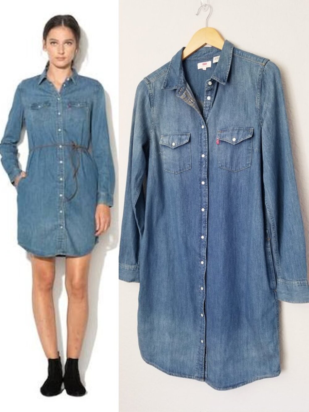 Levi's Chambray Denim Blue Shirt Dress M Western Snap Button Red Tab 100% Cotton - Picture 1 of 15